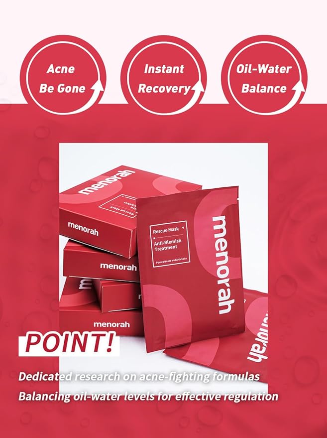 menorah skincare - Anti-Blemish Treatment Rescue Sheet Masks (4 Sheets) - with Pomegranate, Artichoke, Acne Facial Masks, Instant Recovery, Oil-Water Balabce, Acne Skin, Organic cotton sheet mask