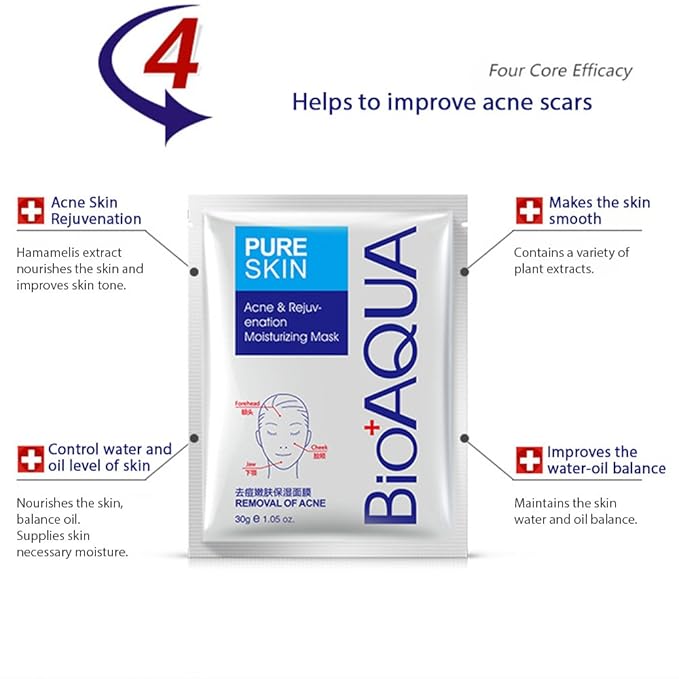 BIOAQUA PURESKIN - Acne & Rejuvenation Mask Sheet Treatment Face Rejuvenation Effective Removal Hamamelis Extract Nourishing Of (PACK OF 4 Mask Sheets = 4 x 30g)