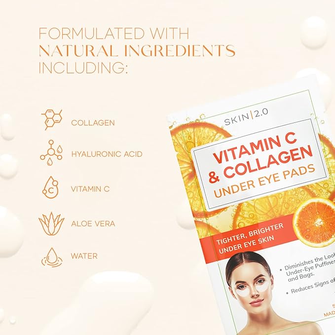 Vitamin C & Collagen Under Eye Patches - Dermatologist Tested - Brightens Dark Circles, Tightens Under Eye Skin, Anti-Aging - Natural Ingredients Korean Skin Care - All Skin Types - 5 Pairs