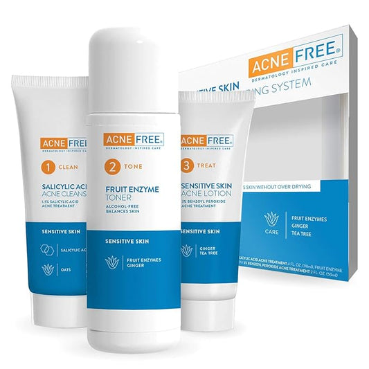 Acne Free 3-Step Acne Treatment Kit with Salicylic Acid Face Wash, Alcohol-Free Toner, & Benzoyl Peroxide Lotion for Sensitive Skin and Fighting Breakouts, 24 Hour Face Clearing System