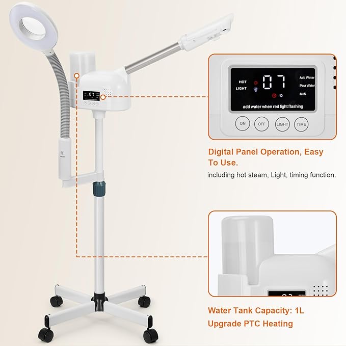 Professional Facial Steamer with 5X Magnifying Lamp, 2 in 1 Facial Steamer Upgrade PTC Heating, Esthetician Steamer Mist Face Steamer for Salon Spa Beauty Skin Care