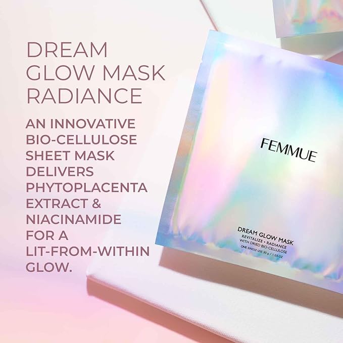 Dream Glow Sheet Mask: Revitalizing Radiance (6pk) | Moisturizing Bio-Cellulose Face Mask With Niacinamide | For Revitalized, Soothed, Dewy Skin | Korean Skin Care