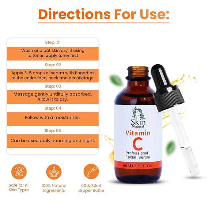 Skin Natural's Vitamin C Facial Serum - Anti-Aging, Brightening & Hydrating - Hyaluronic Acid, Retinol & Vit E - Fades Dark Spots - for All Skin Types, 2 Fl Oz