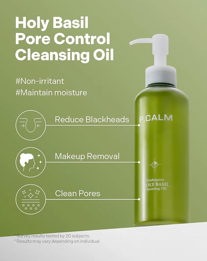P.CALM Underpore Holy Basil Cleansing Oil – Holy Basil & Tea Tree for Deep Pore Cleansing, Blackhead Removal, and Makeup Removal, Korean Skincare (190ml / 6.42 fl.oz)