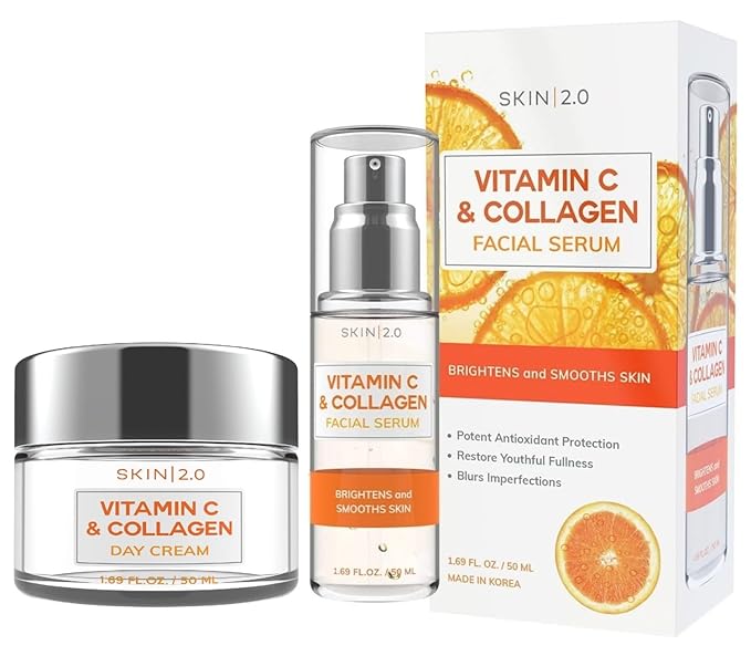 Vitamin C & Collagen Serum & Day Cream Set - Anti-Aging, Dark Spot Remover & Brightening - Dermatologist Tested Korean Skincare - Clean Beauty, Cruelty-Free, All Skin Types - 1.69 Fl. oz