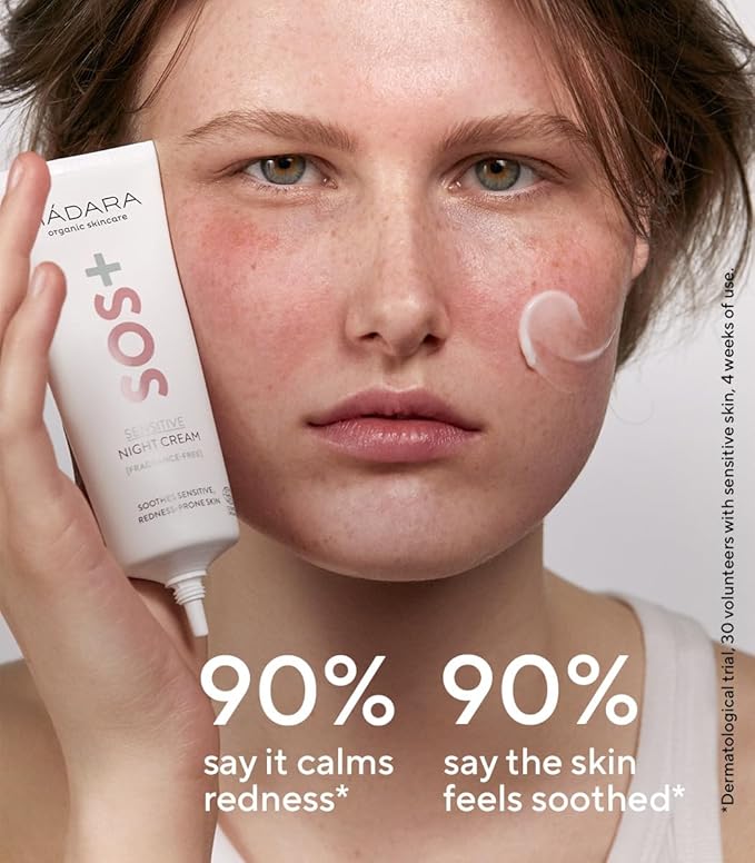 MÁDARA Organic Skincare | SOS+ SENSITIVE Night Cream, – Calming moisture for sensitive, reactive and redness-prone complexions, Dermatologically proven to soothe redness, Fragrance and colourant-free