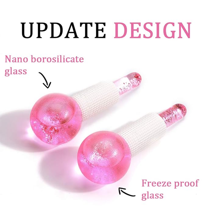 Facial Ice beauty ball- 2PC Globes Pink Facial Roller for Cold or Hot Skin Massagers Globe Durable Quartz Glass for Face and Eye Rollers Reduce Puffiness