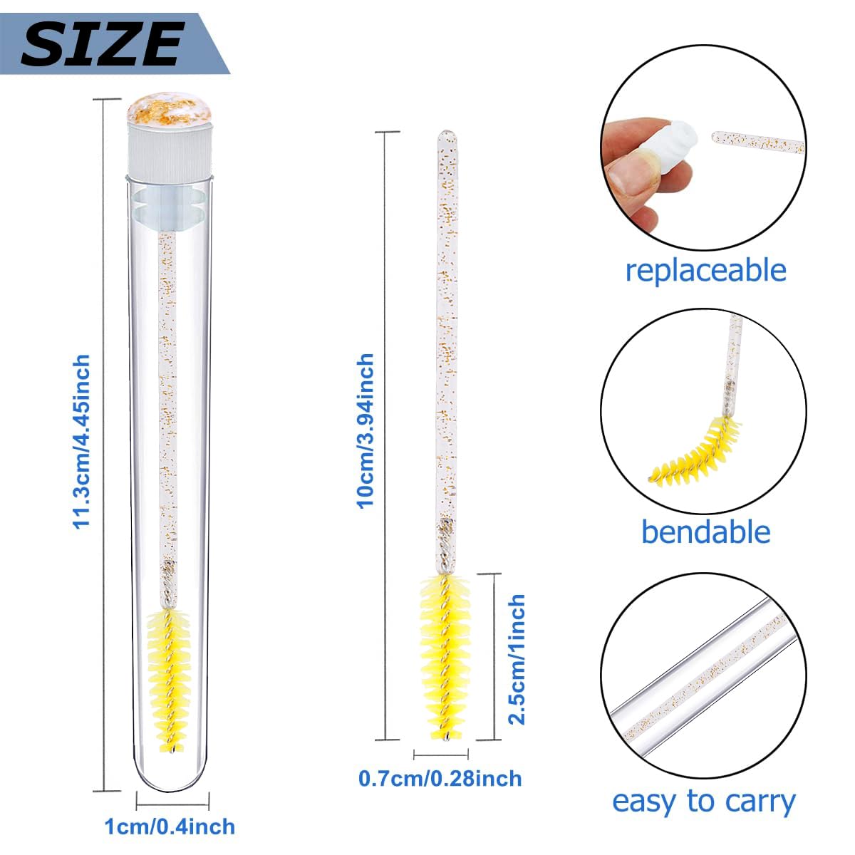 Mascara Brushes Tubes Set 70 Pieces Disposable Eyelash Brushes Replacement with 20 Pieces Empty Tubes for Eyelash Extension Lash Mascara Wand (Gold Sequins)