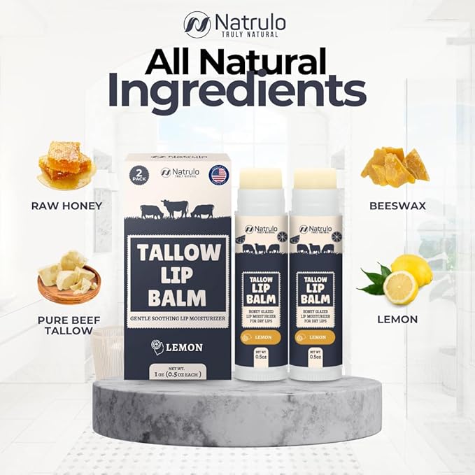 Beef Tallow Lip Balm – Natural Tallow Beeswax Chapstick – Hydrating Moisturizer Grass Fed Beef Tallow Balm Lip Care – Soothes Chapped Dry Sensitive Lips – Long Lasting Vitamin Rich USA-Made 2Pk Lemon