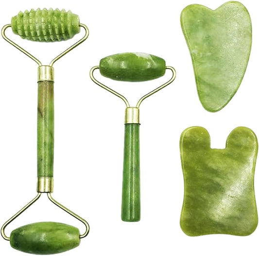 Bibabala 4-PCS Face Roller and Gua Sha Set, Skin Care Roller, Jade Roller Set, Face Stone Facial Roller Massage Tool for Face Eyes Neck Body, Smooth Wrinkles & Eye Puffiness(Green)