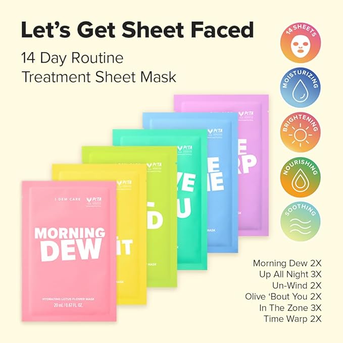 I DEW CARE Glass Skin Face Mask Variety Pack - Let's Get Sheet Faced | For Perfect Care Routine, 2 Week Intense Korean Face Masks Skincare, Makeover with Collagen, Moisturizing, 14 Count