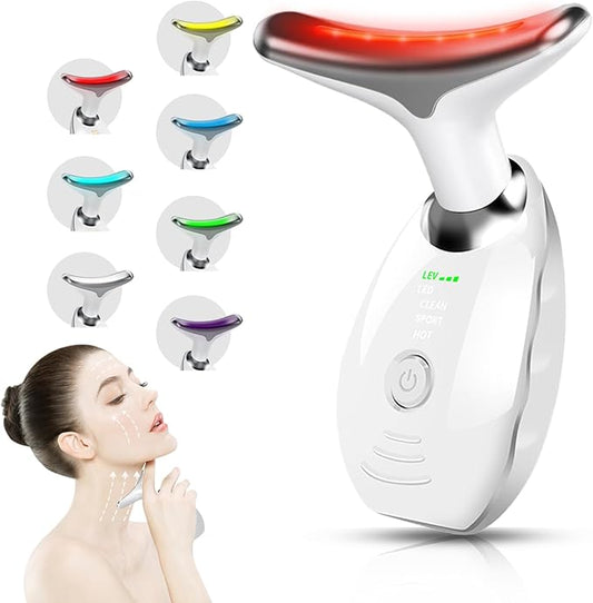 7 Color Face and Neck Massager for Skin Care, Multifunctional Facial Tool With Non-Slip Design, White