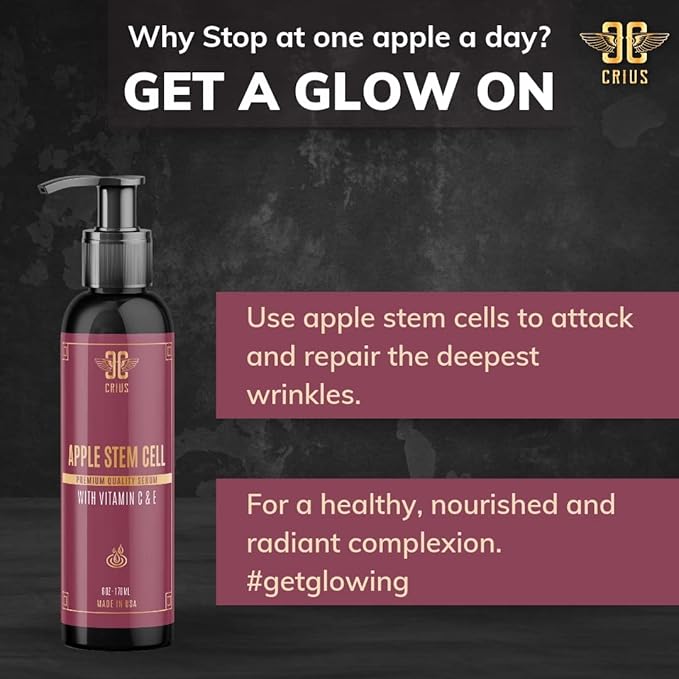 Apple Stem Cell Face Serum with Hyaluronic Acid and Vitamin C, Skin Rejuvenation and Rehydration, 6 Oz.