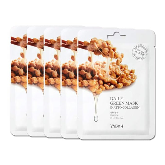 YADAH Daily Green Facial Sheet Mask, Natto Collagen, Pack of 5 – Vegan 100% Eco-friendly Mask Sheet for Skin Elasticity