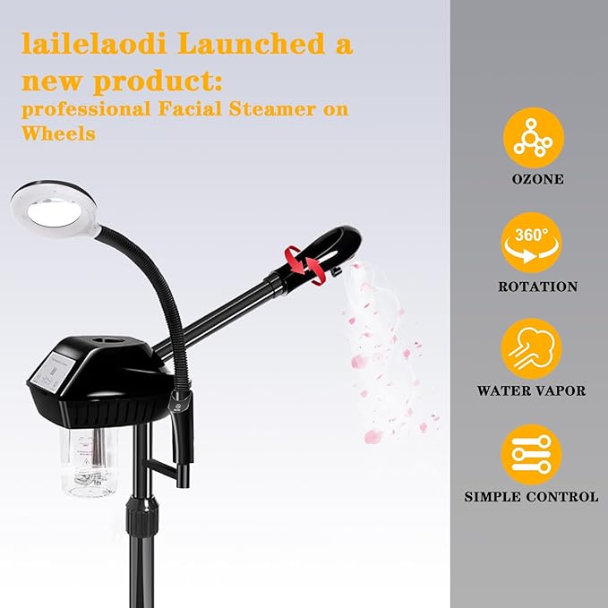 Facial Steamer Professional, 2 in 1 Ozone Facial Steamer on Wheels, with 5X Magnifying Lamp, Facial Steamer with Time Setting, Stand Facial Steamer Adjustable Height for Spa, Salon and at Home use