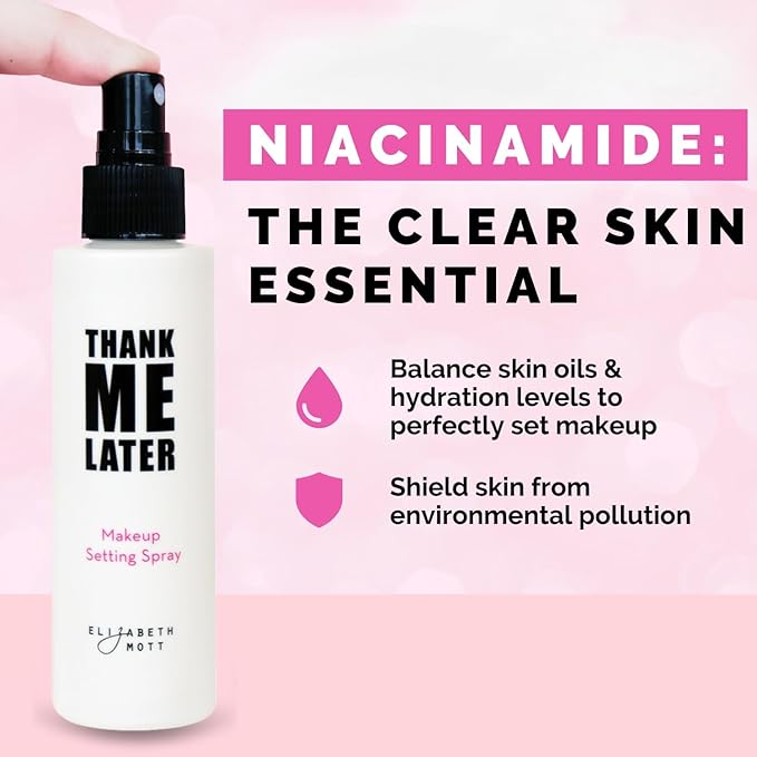 Elizabeth Mott Thank Me Later 3-in-1 Dewy Setting Spray – Dermatologist & Allergy Tested – Hydrating, Fine Mist with Niacinamide for Radiant Skin – Lightweight, Oil-Free, Cruelty-Free, 95mL