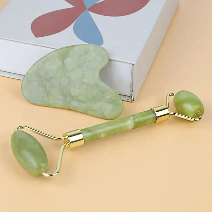 Gua Sha and Jade Roller Set for Facial Massage – Skin Care Tools to Reduce Puffiness and Redness, Perfect Self-Care Gift for Men and Women (Green)