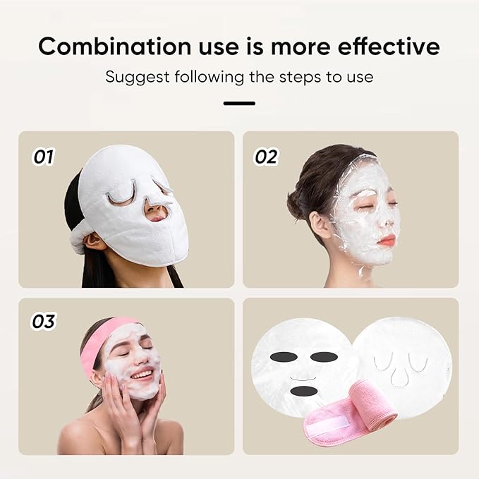 Hot Compress Face Towel Mask Set,Reusable Cold Hot Towel Beauty Skin Care Mask for Open Pores and Increase Blood Circulation,Also Spa Headband and Disposable Plastic Facial Mask.
