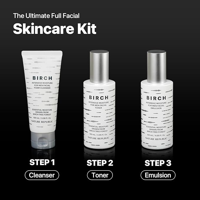 Nature Republic Birch Intensive for Men Skin Care Kit, Face Wash & Moisturizer for Hydrated Skin, Facial Toner (4.05 Fl.Oz) Emulsion (4.05 Fl.Oz) Cleaner (3.38 Fl.Oz), Korean Gift Sets