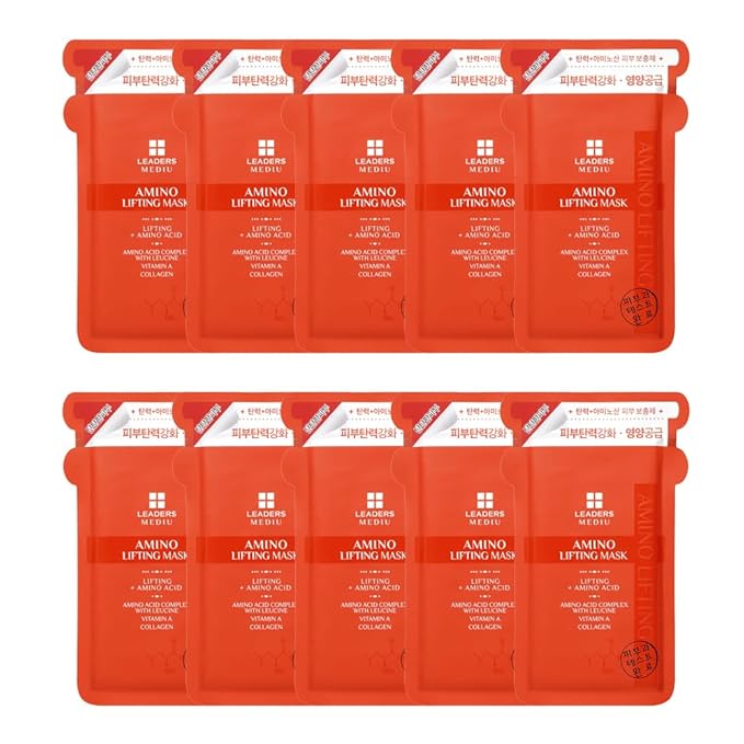 Leaders Mediu Amino Firming & Lifting Facial Sheet Mask | Amino Acid Complex, Vitamin A, Collagen | Reduces Fine Lines, Improves Elasticity, for All Skin Types (10 Sheets)