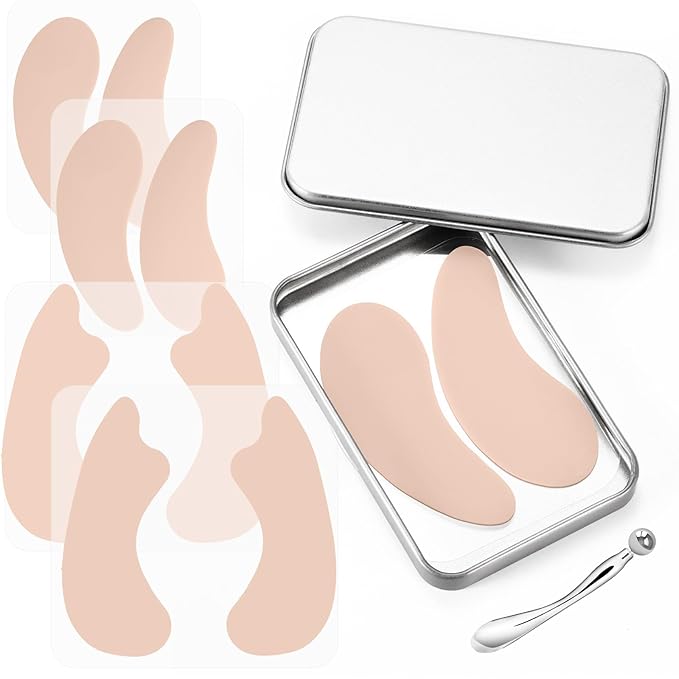 Reusable Eye and Smile Line Patches - 4 Pairs Silicone Under Eye Patches and Nasolabial Folds Patches, Reusable Eye Mask, Silicone Wrinkle Patches, No Adhesive, with Metal Eye Massager, Tin Case