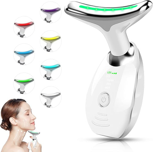 Facial Beauty Device, Face Massager Tool for Skin Care, Based on Triple Action LED, Thermal, and Vibration Technologies, Red and Blue LED Light, 7 Color Led Face and Neck Massager for Home Use