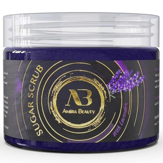 Amira Beauty Lavender Sugar Body Scrub Exfoliating Ultra Hydrating Moisturizing Scrub - Fights Cellulite & Stretch Marks (14oz)