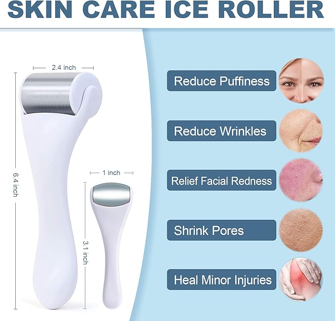 Ice Roller for Body & Face, 2in1 Facial & Eye Massager Roller - Tighten Pores, Migraine & Pain Relief, Eye Puffiness Relief