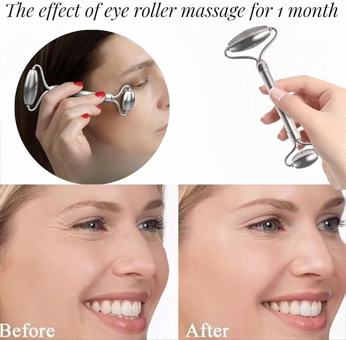 Face Roller & Gua Sha Tool, Stainless Steel Facial Roller and Guasha Tools Skin Care Roller for Wrinkles and Lifting, Improve Puffiness, Metal Face Massager for Eyes, Neck Tighten（2 Pack