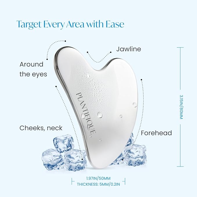 PLANTIFIQUE Stainless Steel Gua Sha | Facial Tool | Skin Massage for Face Body Eyes Neck Heart Style with Travel Pouch | Skin Care Gift