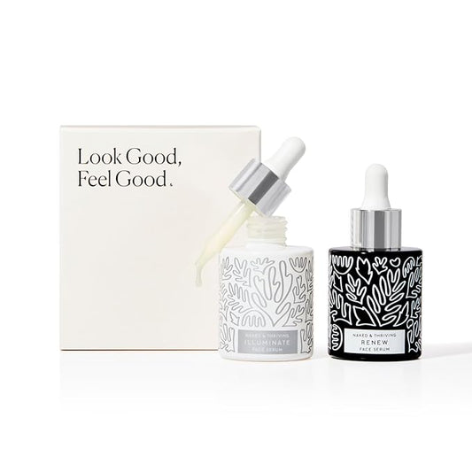 Naked & Thriving Wrinkle-Fighter Set, Includes Renew Resurfacing Night Serum (30 mL) & Illuminate C+ Serum (30 mL), Clinical Results, Dermatologist Loved, Hylauronic Acid & Bakuchiol (Set of 2)