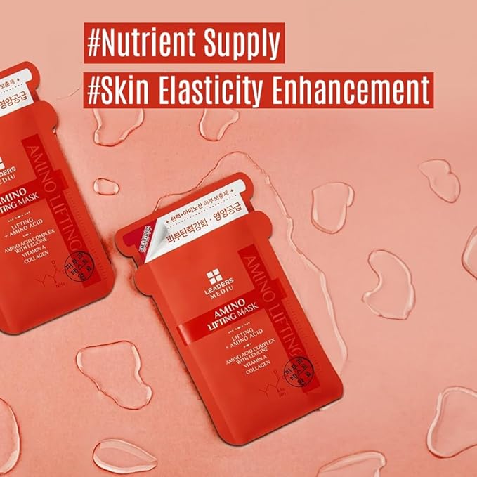 Leaders Mediu Amino Firming & Lifting Facial Sheet Mask | Amino Acid Complex, Vitamin A, Collagen | Reduces Fine Lines, Improves Elasticity, for All Skin Types (10 Sheets)