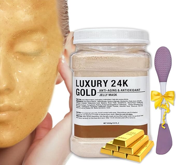 Jelly Mask Powder for Facials,Hyalorunic Acid Moisturizing Jelly Face Mask,24k Gold Jelly Face Mask,Face Masks with Double-ended Silicone Brush, 23 Fl Oz