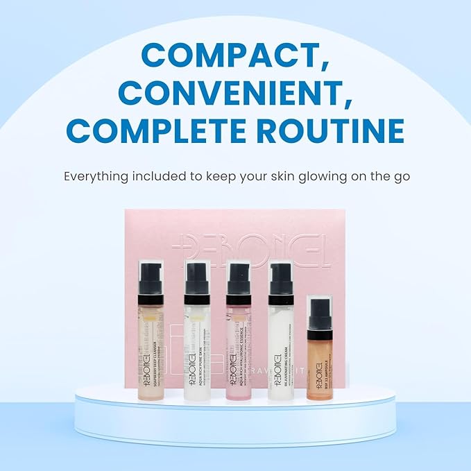 Korean Skin Care Set Travel Kit, TSA Approved Travel Size Toiletries, Ampoule, Cleanser, Toner, Essence, Cream | Travel Essentials Gift Set | All-Natural Moisturizing Skincare