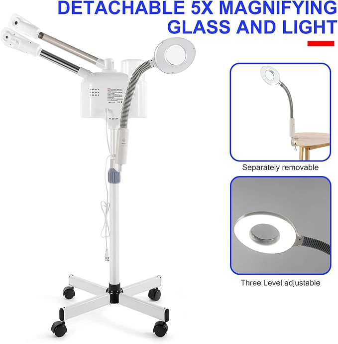 Professional Facial Steamer 3 in 1 Steamer for Face with Hot & Cold Nozzle 5X LED Magnifying Lamp Facial Steamer for Esthetician Beauty Face Equipment Use at Home or Salon
