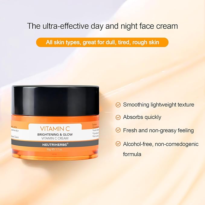 Neutriherbs Vitamin C Face Cream, Day & Night Facial Moisturizer, Daily Skin Care, Brighten, Lighten Skin, Moisturizing Softening Smoothing Skin 1.7oz