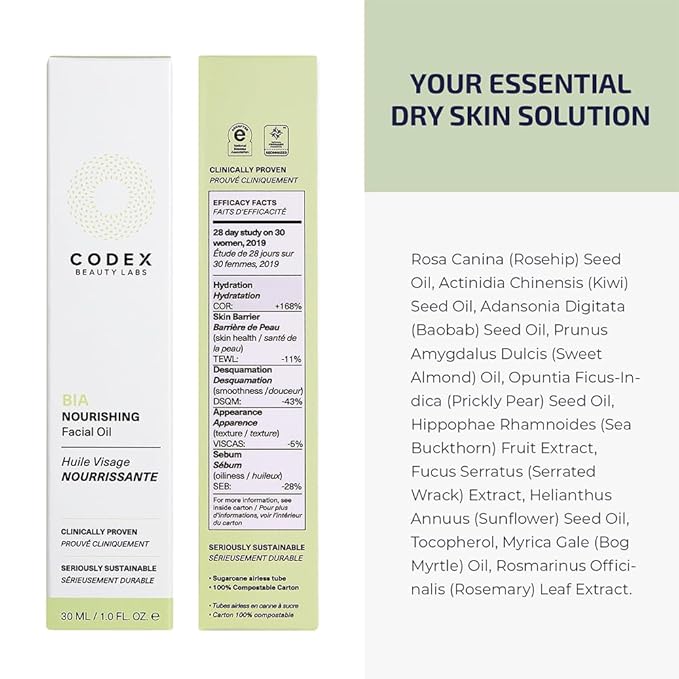 Codex Labs Bia Nourishing Face Oil - Hydration, Moisturizing & Smoothing - For Dry Skin, Sensitive Skin, All Skin Types - With Omega-3, Rosehip Oil, Vitamin E - Cruelty-Free, Vegan Skincare (1oz)