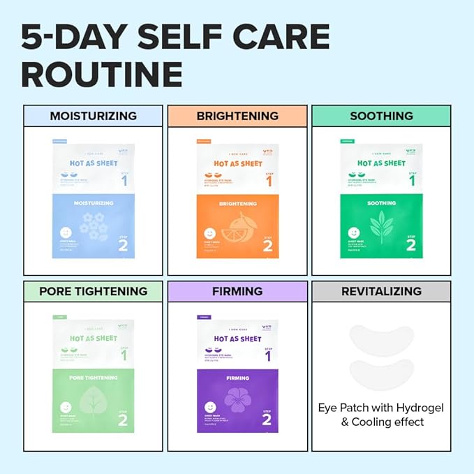 I DEW CARE Glass Skin Face Mask Variety Pack - Hot as Sheet | Korean Face Masks Skincare, 5-Day Eye&Face Multi-masking Set, Moisturizing, Soothing, Pore Tightening, Firming