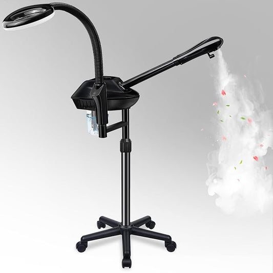 Professional Facial Steamer on Wheels, 2-in-1 Facial Steamers with 5X Magnifying Lamp, Ozone Facial Steamer for Facial Deep Cleaning, Facial Humidifier for Spa, Salon and at Home Use