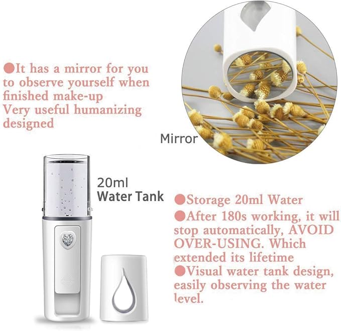 Portable Nano Facial Mister Mini Facial Steamer Atomization Eyelash Extensions with Mirror & 20ml Visual Water Tank (White)