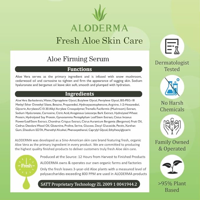 Aloderma Firming Face Serum with 64% Organic Aloe Vera - Age-Defying Face Plumping Serum for Radiant Skin - Tighten Skin, Reduce the Appearance of Fine Lines & Wrinkles with Hyaluronic Acid, 1.7 Oz