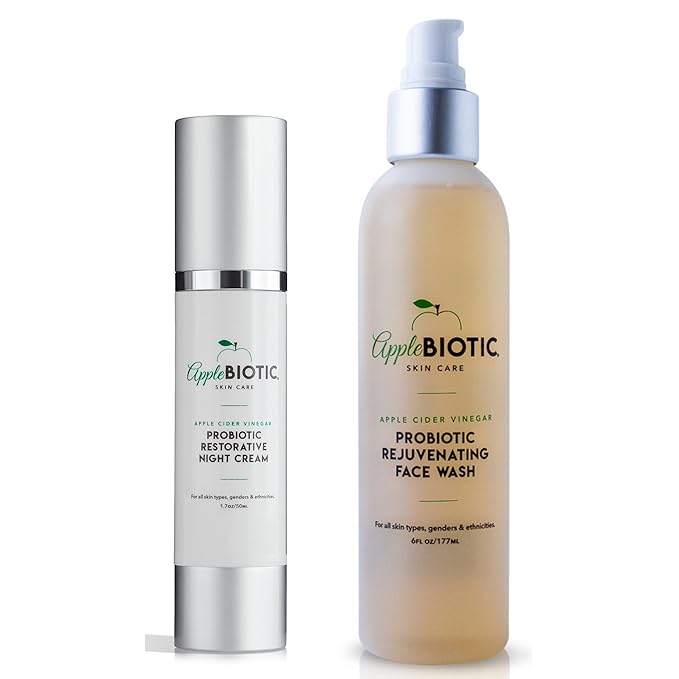 Apple Cider Vinegar Probiotic Restorative Night Cream & Face Wash Duo with African Green Coffee Extract, Vitamin B3, Green Tea and Chamomile Extract to Firm and Restore for Dry, Oily, Sensitive Skin