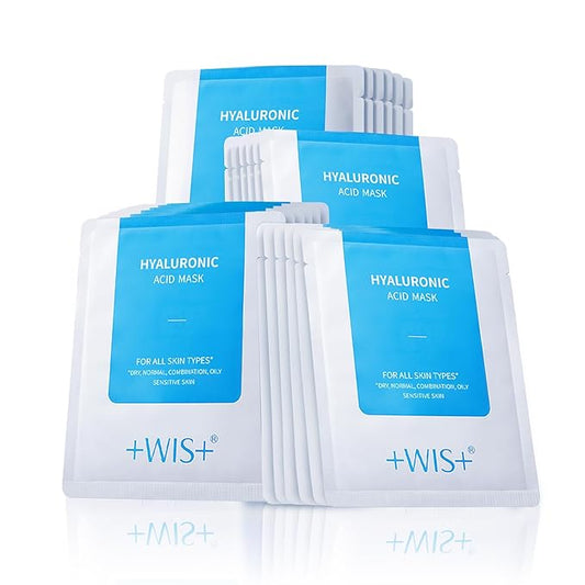 '+WIS+ Hyaluronic Acid Face Mask 24 EA with Hyaluronic Acid Serum and Vitamin B5, Hydrating Facial Mask for Dry Skin, Anti-Aging Mask to Plump and Repair Dehydrated Skin, Safe on Sensitive Skin