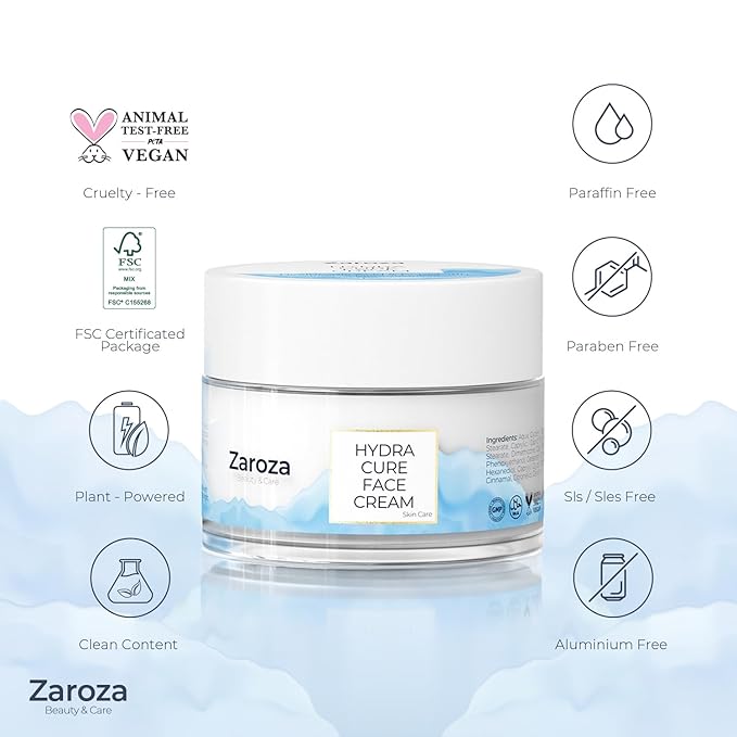 Hydra Cure Face Cream – Deep Moisturizing Day & Night Cream with Hyaluronic Acid, Panthenol & Allantoin – Anti-Wrinkle & Firming Skincare for Dry Skin – Vegan – 1.69 fl oz