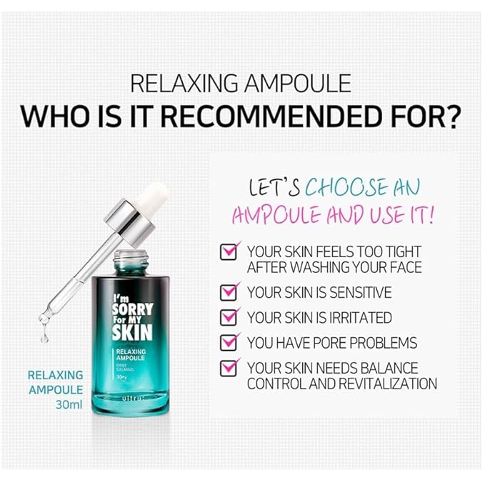 I'M SORRY FOR MY SKIN Facial Skin Ampoule, Korean Skin Care Serum for Face with Centella Asiatica and Hyaluronic Acid, Moisturizing & Glowing Effect (Relaxing Ampoule First Calming)