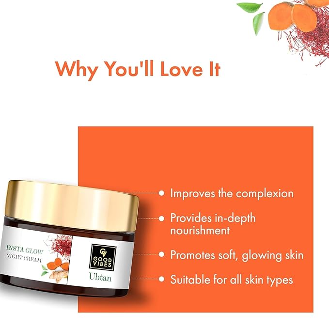 Good Vibes Ubtan Night Cream | with Saffron Turmeric & Vitamin B3 | Hydrating Overnight Restorative Moisturizer for Skin | No Parabens or Sulfates 1.76 Oz/50ml