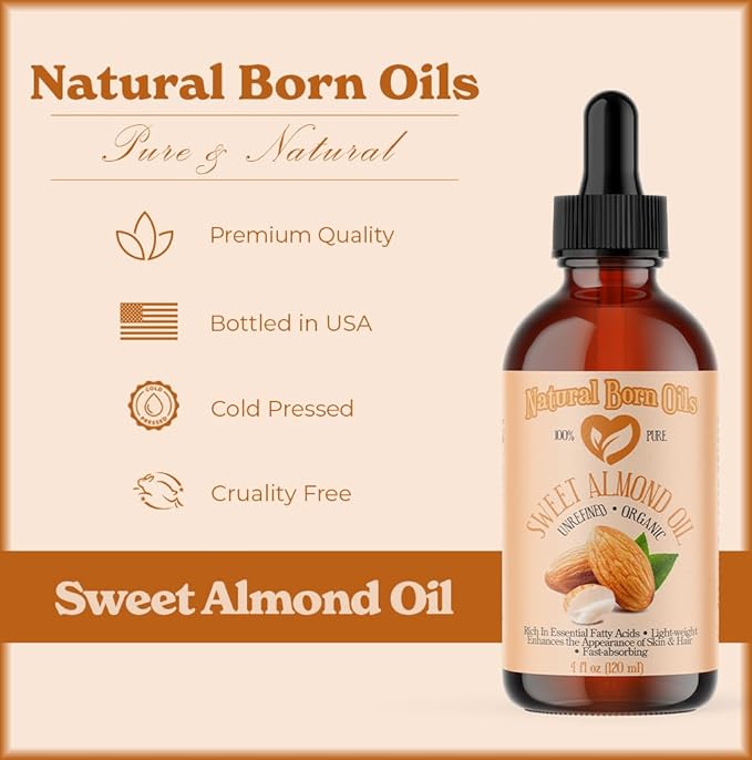 Natural Born Oils Sweet Almond Oil, 16oz, Organic, Cold-Pressed, Nutrient-Rich, Excellent for Soft Skin, Lustrous Hair