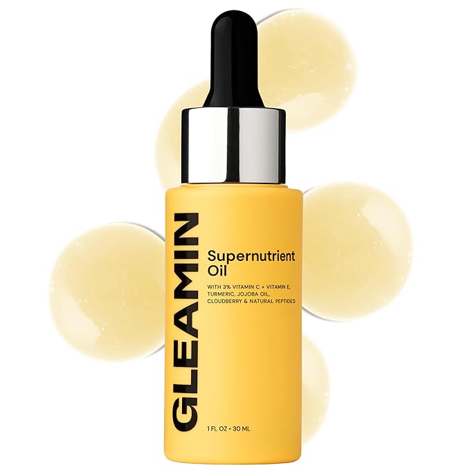 Gleamin Brightening Face Oil with Vitamin C, Vitamin E, Jojoba Oil, Cloudberry, Peptides & Turmeric – Hydrating, Skin Firming for Dull Skin & Dark Spots | Fragrance-Free Facial Oil, 1 fl