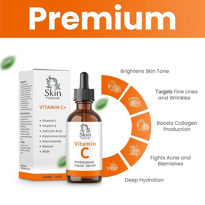 Skin Natural's Vitamin C Facial Serum - Anti-Aging, Brightening & Hydrating - Hyaluronic Acid, Retinol & Vit E - Fades Dark Spots - for All Skin Types, 2 Fl Oz