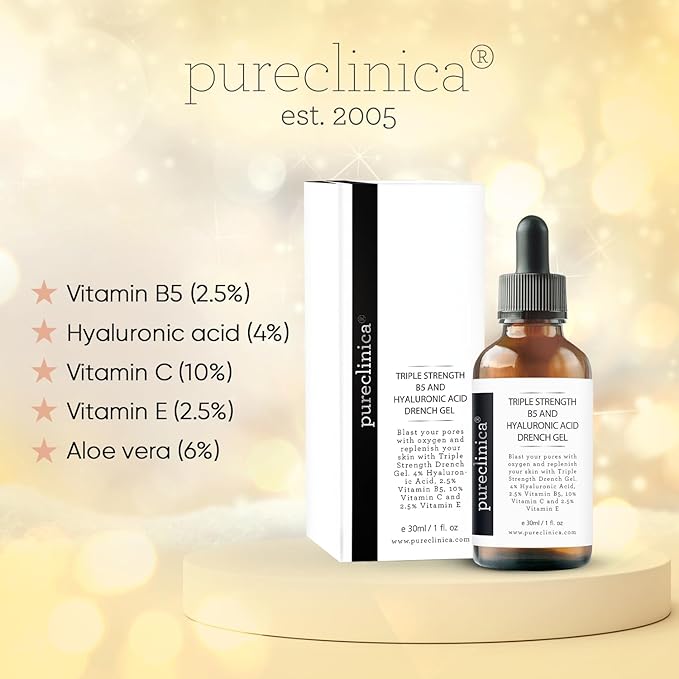 Triple Strength B5 (6.5%) and Hyaluronic Acid (4%) Drench Gel (w/Vit C 10% and E 2.5%) – 30ml / 1 fl oz (4 bottles)